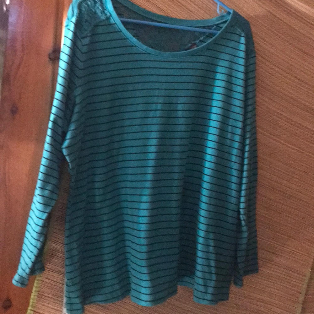 FADED GLORY TEE/ aqua& navy striped/ lg/ lace back